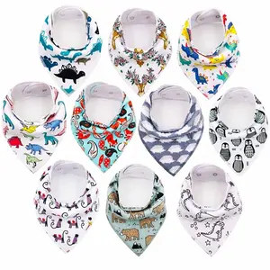 Hot Sale 10pack 100% Organic Cotton Animal Printing Adjustable Absorbent Baby Bandana Drool Bibs