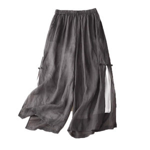 <span class=keywords><strong>Pantaloni</strong></span> Larghi Estivi da Donna in <span class=keywords><strong>Lino</strong></span> e Cotone a Vita Alta, Tinta Unita, Lunghi, Stile Retrò con Fibbia, Eleganti, con Doppio Spacco, Casual - Product Image 5