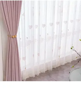 Großhandel Pink Princess Stickerei Leinen Sheer Voile Vorhang für Wohnzimmer Blumen stickerei Vorhänge