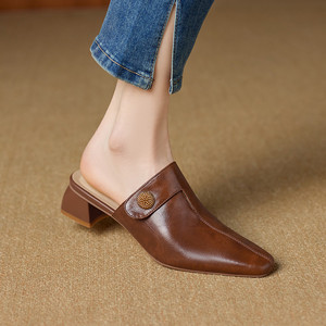 Mules de Cuero Genuino para <span class=keywords><strong>Mujer</strong></span>, Punta Cuadrada, Tacón Cuadrado, Plantilla de Piel de Oveja, Transpirables, Cómodos, Zapatos de Trabajo Profesionales, Color Marrón - Product Image 4
