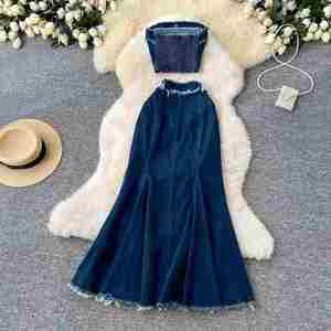 Y2K Summer <b>Sexy</b> 2-Piece <b>Set</b> for Women Sleeveless Solid Strapless Tube Top High Waist Woven Denim Skirt Breathable Anti-static - Product Image 3