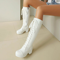 Nouvelles bottes hautes marron 2026 avec fermeture éclair avant, lacets latéraux, talon épais, chaussures décontractées, bottes à tube haut pour un style urbain tendance