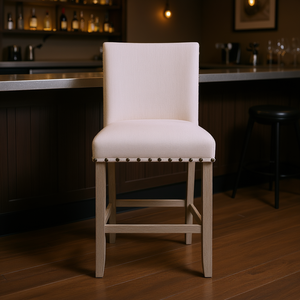 Taburete de Bar Marian Blanco con Base de Madera, Tapicería de Tela, Detalles de Tachuelas, Diseño Contemporáneo, Muebles para Bar en Casa - Product Image 2
