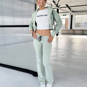 Huilie Của Phụ Nữ Chất Lượng Cao Cơ Bản Cotton Hữu Cơ 2 Mảnh Thiết Lập Tùy Chỉnh In Màu Rắn Dài Tay Áo T-Shirt Flare Hoodie Nút - Product Image 4