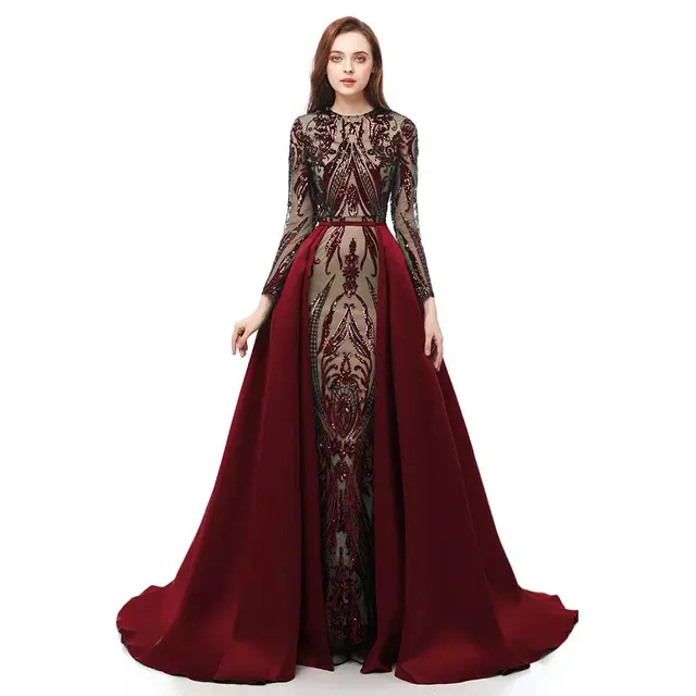 Robe de soirée de forme sirène, tenue de soirée, de standing, grande qualité, avec manches longues, bleue, rouge, pour fête, événement et cérémonie