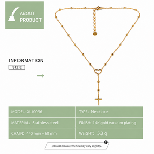 Collier en Y avec pendentif croix cœur perlé en acier inoxydable plaqué or 14K sous vide, chaîne réglable, tons or et argent - Product Image 2