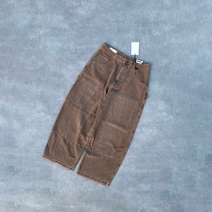 Pantalones vaqueros <span class=keywords><strong>de</strong></span> mezclilla personalizados para hombre, estilo vintage Y2K, color marrón, lavado ácido, con doble <span class=keywords><strong>rodilla</strong></span>, <span class=keywords><strong>de</strong></span> trabajo, <span class=keywords><strong>de</strong></span> pierna ancha, desgastados, <span class=keywords><strong>de</strong></span> lona, estilo streetwear - Product Image 1