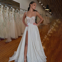 Mily Bridal MHL203 Une ligne bretelles spaghetti dentelle appliques fente latérale paillettes robe de mariée scintillante