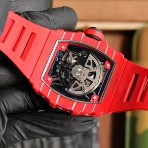 Montre de luxe de haute couture, boîtier en fibre de carbone rouge, squelette automatique, mécanique, pour homme, bracelet en caoutchouc rouge, étanche, nouvelle - Product Image 4
