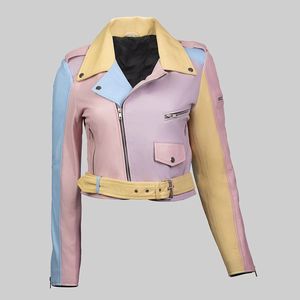 Chaqueta Corta de Cuero Sintético Estilo Motera para Mujer, Color Pastel Arcoíris, Transpirable, con Cierre de Cremallera, Prenda Exterior Corta y Elegante, Ropa Casual de Invierno - Product Image 6