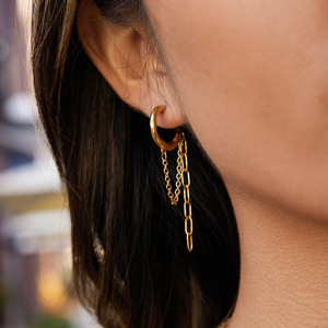Boucles d'oreilles créoles à pampilles en acier inoxydable avec anneau en C pour femme, bijoux pendantes tendance, design géométrique automne-hiver - Product Image 3