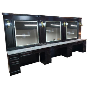 Estación de barbería de madera de estilo vintage, asientos triples, estaciones de espejo Led con luz para estudio de peluquería - Product Image 1