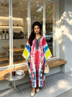 Gaun Maxi Muslim Afrika Model Kaftan Dubai dengan Cetak Tie Dye Simetris Ukuran Besar Warna Hitam dan Placket Mengalir