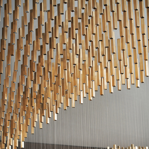 Lustre LED moderne de grande taille, style nordique, en bois et métal, luminaire suspendu carré ou ovale, avec cylindres coniques en bois à plusieurs niveaux - Product Image 3