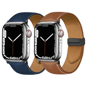 Tali jam tangan kulit PU pria wanita, arloji mewah baru 2023 gesper lipat magnetik untuk Apple Watch 8 7 6 5 SE Ultra 49mm