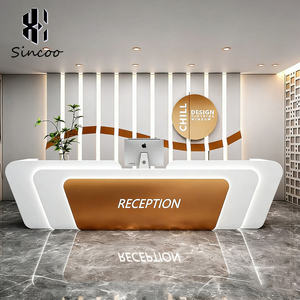 Comptoir de réception de luxe en bois massif blanc moderne avec éclairage LED de forme artistique unique, prix d'usine, pour salon de beauté, spa, hôtel, immeuble de bureaux - Product Image 1