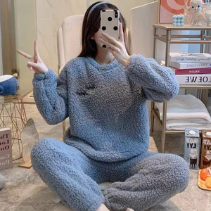 Autumn Winter Pajamas Women's Solid Color Lamb <strong>Wool</strong> Two-Piece Set Warm Ladies' Loungewear - Product Image 4