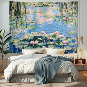 Tapiz de Pared con Estampado de Lirios de Agua Azules y Estanque Verde, de Poliéster, Lavable a Máquina, Decoración de Pared Moderna, Venta al Por Mayor - Product Image 3