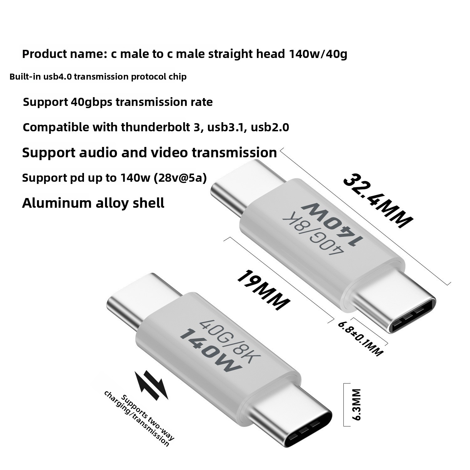 Blanco-Tipo C macho a Tipo C macho recto