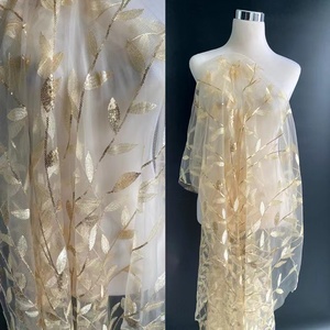 Sang Trọng Sequins Thời Trang Lá Mô Hình Lưới Vàng Thêu Ren Vải Cho Váy Cưới Phi - Product Image 3