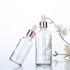Empty Round 5ml 10ml 20ml 15ml 30ml 50ml 100ml 1 oz rose gold clear cosmetic essential oil serum frosted glass dropper bottle
