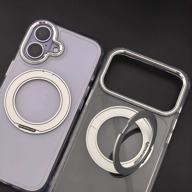 Silver Metal Lens Frame Rotating Ring Stand Cover with AI Control Button Clear Mobile Phone Case for iPhone 18 Pro Max