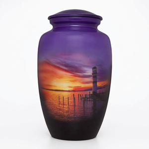 Urna Funeraria de Aluminio Hecha a Mano para Cenizas Humanas |   Diseño pintado del faro del atardecer |   Urna Conmemorativa para Cremación de Adultos |   Tamaño Personalizado - Product Image 1