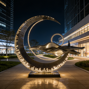 Sculpture personnalisée en acier inoxydable 316L LED en forme <span class=keywords><strong>de</strong></span> <span class=keywords><strong>croissant</strong></span> <span class=keywords><strong>de</strong></span> <span class=keywords><strong>lune</strong></span> - Art métallique lumineux Ciel et Baleine pour la décoration municipale - Product Image 1