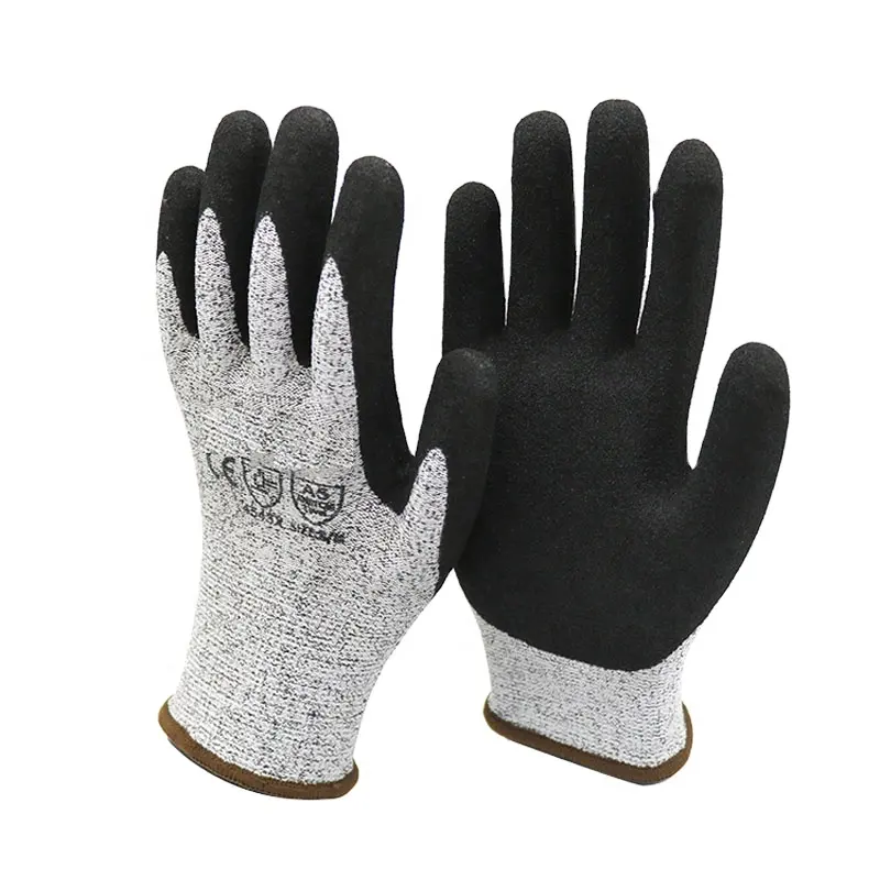 Great Grip En388 4544 Hppe Cut Resistant Level 5 Work Safety Gloves Anti Cut Sandy Nitrile Coated Hand Gloves