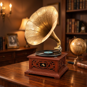 Tourne-disque vintage rectangulaire en bois et laiton, boîte à musique décorative, vitesse réglable, style antique, ornement de table - Product Image 3