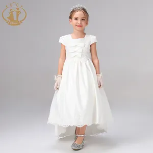 Abito da Cerimonia Estivo in Stile Occidentale per Bambina, Bianco in Raso con Strascico, per Matrimoni, Feste di Compleanno, Prima Comunione - Product Image 1