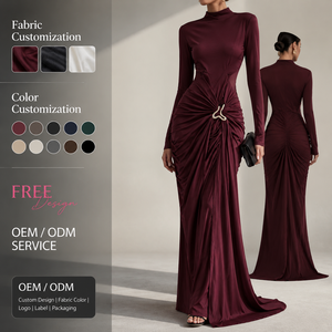 Abito Bodycon da Donna Personalizzato, Lungo, Casual, a Maniche Lunghe, Collo Alto, con Vita Arricciata, Dettagli Cut-Out, Anello in Metallo e Spacco Alto, Colore Bordeaux - Product Image 1