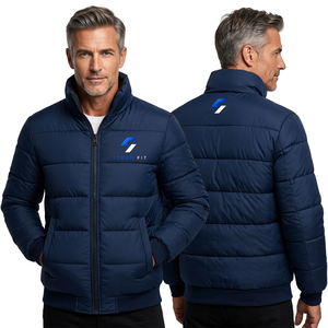 Customized Men's Winter Puffer <b>Jacket</b> Stand Collar Zipper Closure Windproof Casual Polyester Material - Product Image 1