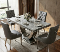 Table à manger rectangulaire de luxe légère avec plateau en marbre, mobilier de salon pour la maison et les restaurants, en acier inoxydable poli