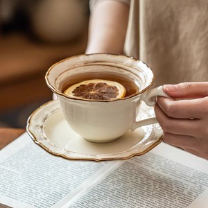 Retro Style Ceramic Coffee <b>Cup</b> And Saucer <b>Set</b> Round Two Piece With Handle For Afternoon <b>Tea</b> - Product Image 2