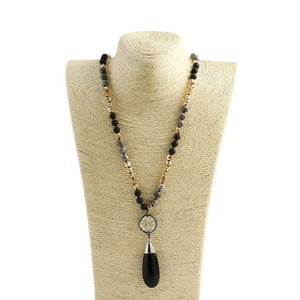 Модные украшения в стиле ретро, ожерелье из натурального камня 8 мм, круглое соединение из стекла, черная длинная подвеска в виде капли воды - Product Image 5