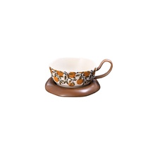 Tasse à café en céramique vintage du milieu du siècle avec soucoupe, motif de fruits peint à la main, ensemble de tasses à café en céramique irrégulières pour le thé de l'après-midi