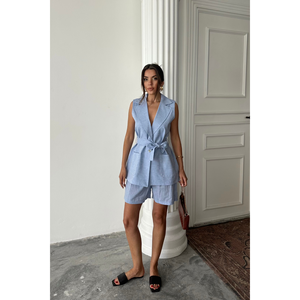Conjunto de 2 Piezas de Lino Azul - Chaleco Deportivo y Pantalones Cortos, Corte Holgado, Diseño Sólido para Verano y Otoño - Product Image 6