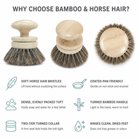 Brosse de nettoyage réutilisable pour casseroles et poêles, avec poignée en bambou, poils de cheval naturels, écologique, anti-rayures, ronde, pour la cuisine