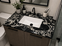 Plan de travail de salle de bain en marbre veiné noir et blanc, sur mesure, préfabriqué, de 60 à 72 pouces, avec double vasque et crédence