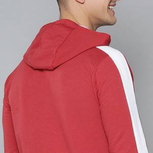 Men's <b>Red</b> Hooded Sweatshirt With White Sleeve Stripes Casual Knitted <b>Hoodie</b> Regular Fit Solid Color Autumn Wear - Product Image 3