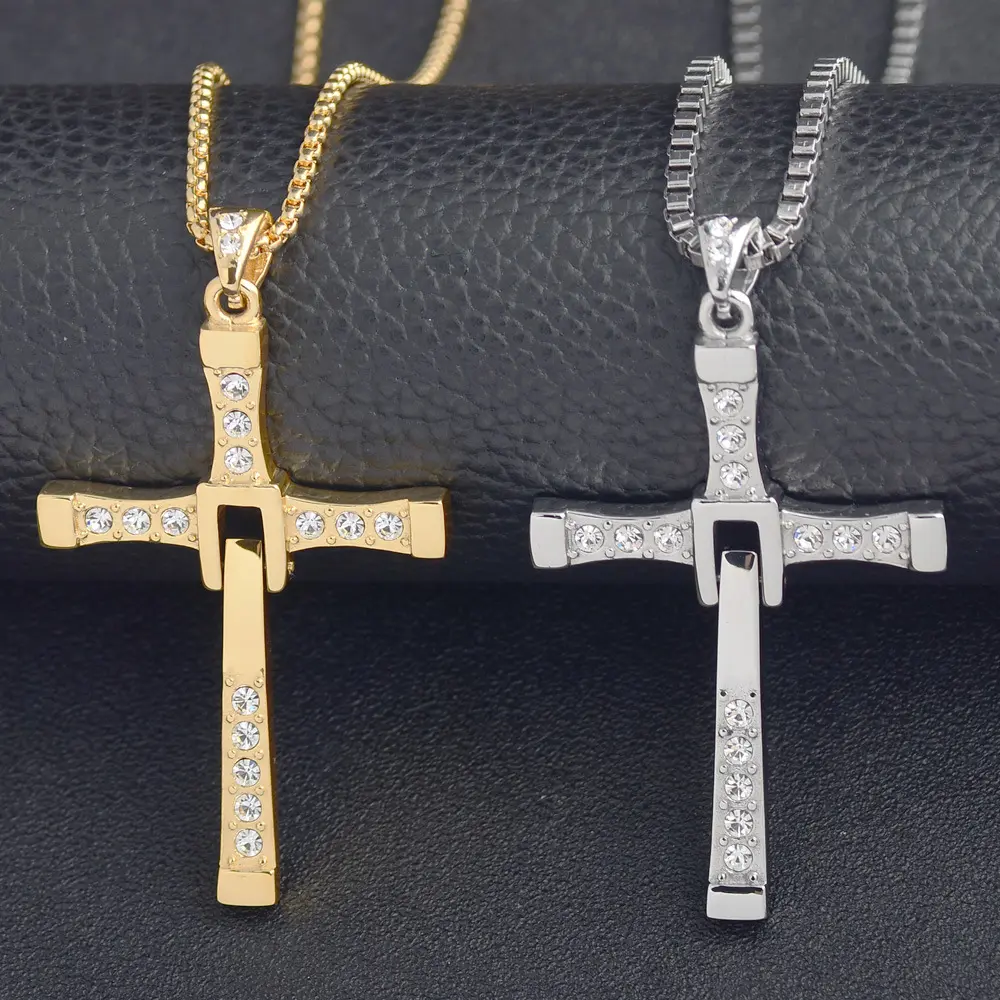 Long Hip Hop Stainless Steel Cross Necklace Men Design PVD Plating Pendant with Crystal