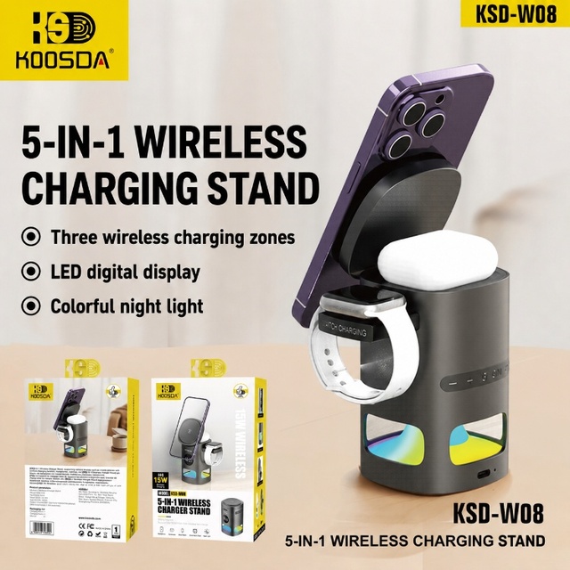 KSD-W08 Led Digital Display Colorful Night Light 5-In-1 Wireless Charging Stand 15w Fast Wireless Charging Phone Bracket