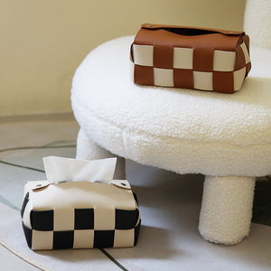 Table à manger de luxe haut de gamme nordique noir blanc damier cuir moderne lumière rabattable boîte à mouchoirs en papier tissé - Product Image 3
