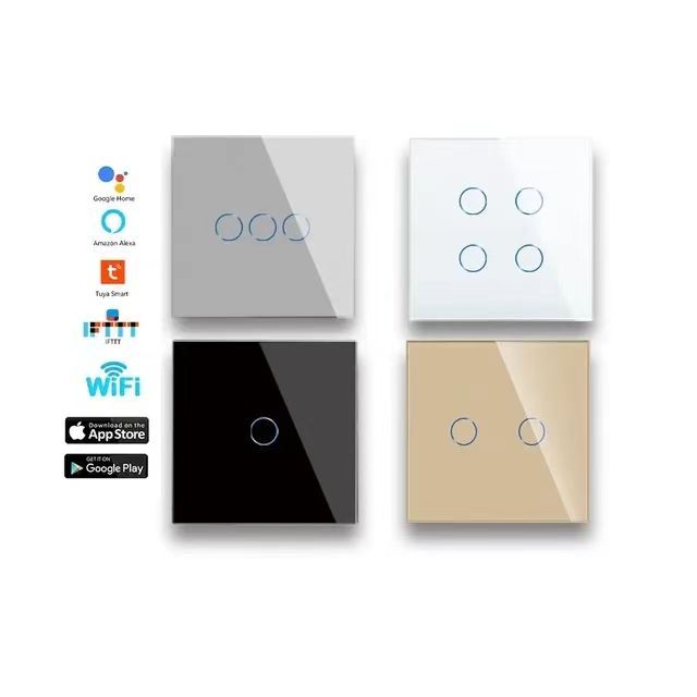 EU Standard Tuya Smart Life Home House Products Wall Light Electrical Switch 100V-250V Glass 1234 Gang 2 Way Wifi/Zigbee 10A