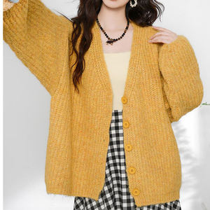 Cárdigan Holgado de Punto Grueso Color <span class=keywords><strong>Mostaza</strong></span> para <span class=keywords><strong>Mujer</strong></span> - Top Informal y Atrevido para Uso Diario - Product Image 4