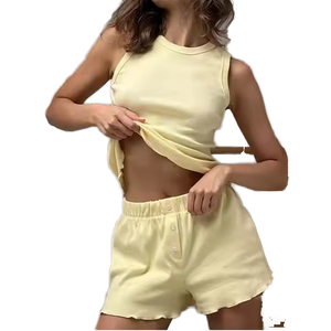 Conjunto de Pijama de Punto Acanalado de Corte Regular Personalizado |   Ropa de estar para mujer de licra y poliéster |   Conjunto de Pijama Elástico y Suave para el Hogar - Product Image 1