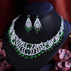Collier et boucles d'oreilles de luxe blanc et vert émeraude zircon cubique Super grand ensemble de bijoux pour femmes Banquet bijoux de fiançailles - Product Image 1