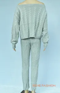 เสื้อสเวตเตอร์สีพื้นเรียบแบบไหล่เดียว ชุดเซ็ตสองชิ้นสำหรับฤดูหนาว เสื้อผ้าผู้หญิง - Product Image 5