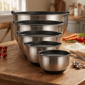 Bols mélangeurs de cuisine en acier inoxydable 304 poli sur mesure, écologiques, 5 tailles, antidérapants, pour salades de fruits, avec couvercles - Product Image 1